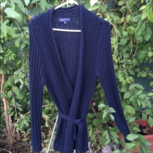 JONES NY Navy Chunky Knit Belt Wrap Sweater large - Picture 3 of 4